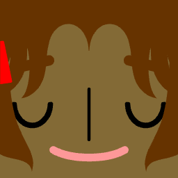 Smiling dark square face avatar with red hair accent and closed eyes