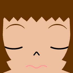Closed-eye square face avatar with short brown hair and sad mouth