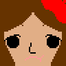 Peach pixel face with black eyes, pointed hair, and a small frown
