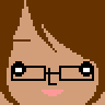 Brown pixel face with glasses, long hair, and a straight mouth