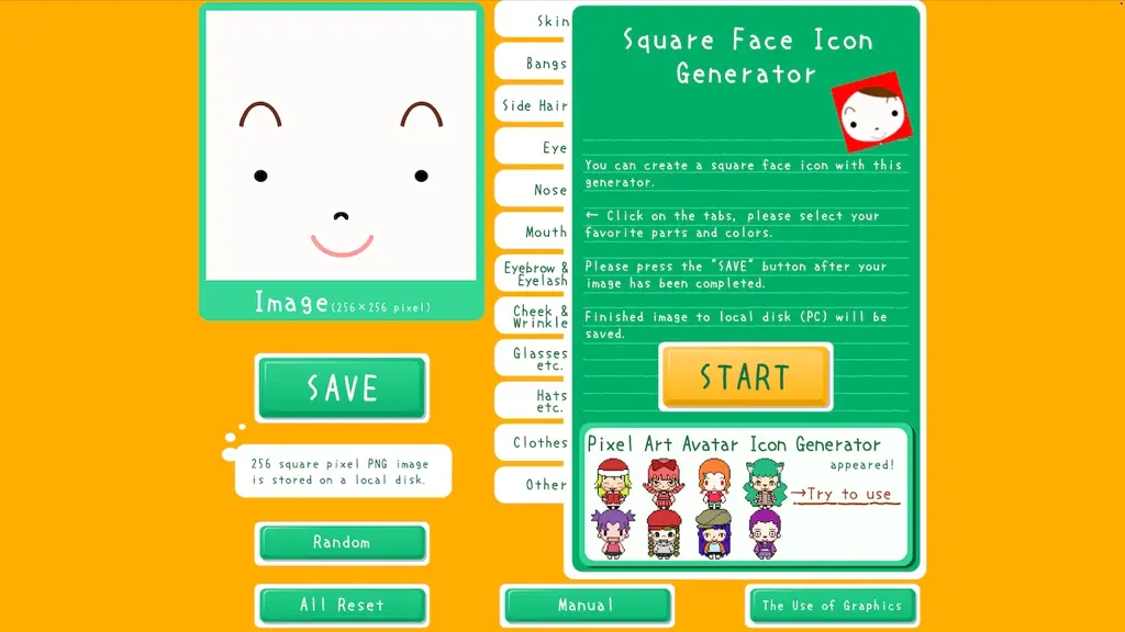 Preview of the Square Face Generator interface with face parts and controls